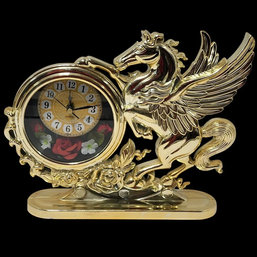 Vintage Shontek Gold Pegasus Floral Quartz Desk Mantle Clock Rose Decor Taiwan*